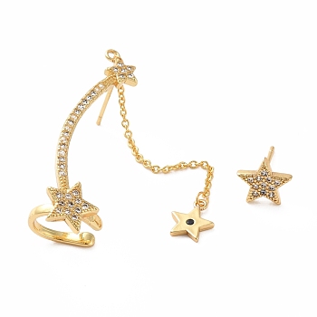 Cubic Zirconia Star Asymmetrical Earrings, Rack Plating Real 18K Gold Plated Brass Stud Earrings with Ear Cuff for Women, Lead Free & Cadmium Free, Clear, 8.5~39x9~12mm, Pin: 0.7mm