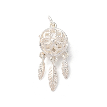 925 Sterling Silver Pendants, Woven Web/Net with Feather Charms with Jump Rings, Silver Color, Flower, 25x11.5x7mm, Hole: 3.6mm