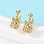 Brass Micro Pave Clear Cubic Zirconia Guitar Stud Earrings, Long-Lasting Plate, Rack Plating, Lead Free & Cadmium Free, Real 18K Gold Plated, 14.5x7mm(EJEW-F400-08G)