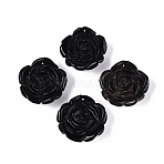 Natural Obsidian Carved Pendants, Rose Flower Charms, 34x34.5x13~13.5mm, Hole: 0.9~1mm(G-Q601-39)