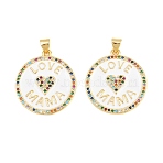 Brass Micro Pave Cubic Zirconia Pendants, with Enamel, Cadmium Free & Lead Free, Real 18K Gold Plated, Rack Plating, Long-Lasting Plated, Flat Round with Word LOVE MAMA Charms, Mother's Day, White, 28x25x2mm, Hole: 3x5mm(KK-D232-16G-01)