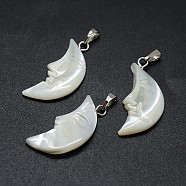 Shell Pendants, with Brass Findings, Moon, Platinum, 22~28x10~13x3~5mm, Hole: 2x5mm(X-SSHEL-E564-14P)
