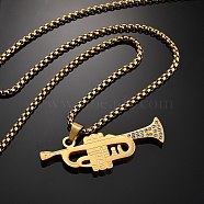 304 Stainless Steel Pendant Necklaces, with Rhinestone, Trumpet Musical Instruments, Golden, 23.54 inch(59.8cm)(NJEW-H058-01G)