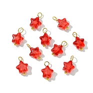 Glass Pendant, with Brass Findings, Star, Golden, Red, 14mm, Hole: 2.5mm, 10pcs/set(PALLOY-YW00032-02)