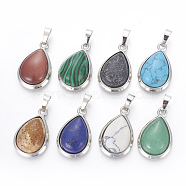 Natural & Synthetic Mixed Stone Pendants, with Brass Findings, teardrop, Platinum, 26x16~17x8~10mm, Hole: 8x5mm(G-L512-C)