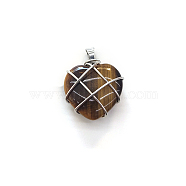 Natural Tiger Eye Copper Wire Wrapped Pendants, Heart Charms, Silver Color, 20mm(FIND-PW0015-21D)