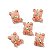 Opaque Resin Pendants, with Platinum Tone Iron Loops, Rabbit with Strawberry Charm, Chocolate, 21x15x6.7mm, Hole: 2mm(RESI-D057-10P-01)