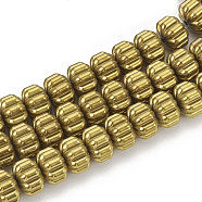 Electroplate Non-magnetic Synthetic Hematite Corrugated Beads Strands, Pumpkin, Golden Plated, 8x6mm, Hole: 1mm, about 70pcs/strand, 15.7 inch(G-T061-108G)