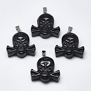 Natural Black Agate Pendants, with Stainless Steel Snap On Bails, Skull, Stainless Steel Color, 34~36x35~37x12~13mm, Hole: 3~4x7~8.5mm(G-T122-28C)