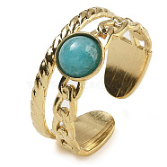 Natural Amazonite Finger Rings, 304 Stainless Steel Open Cuff Rings, Real 18K Gold Plated, 8.5mm, Adjustable(RJEW-U027-06G-06)