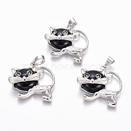 Natural Black Agate Kitten Pendants, with Platinum Tone Brass Findings, Cartoon Cat Shape, 28x30x9mm, Hole: 5x7mm(G-J386-C05)