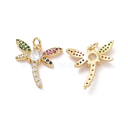 Brass Micro Pave Colorful Cubic Zirconia Pendants, with Jump Ring, Dragonfly Charms, Golden, 18.5x19x4mm, Hole: 3.5mm(ZIRC-F134-09G)