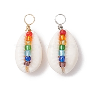 2Pcs 2 Colors Natural Shell Pendants, Chakra Colorful Glass Seed Bead Copper Wire Wrapped Charms, Platinum & Golden, 27.5x12.5~14.5x10.5mm, Hole: 4mm, 1pc/color(PALLOY-JF02689)