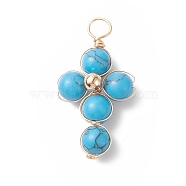 Synthetic Turquoise Copper Wire Wrapped Pendants, Religion Cross Charms, with Brass Beads, Light Gold, 29.5~30x16.5~17x6.5~7mm, Hole: 3.5~4mm(PALLOY-JF01981-06)