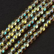 Transparent Electroplate Glass Beads Strands, Rainbow Plated, Round, Gold, 8x7mm, Hole: 1.2mm, about 50~52pcs/strand, 36.8~39cm(EGLA-I015-01D)