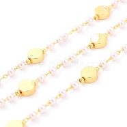 Handmade CCB Plastic Imitation Pearl Beaded Chains, with Brass Flat Round Beads and Spool, Soldered, Long-Lasting Plated, Round, Golden, Round Beads: 3mm, Flat Round Beads: 6x3mm, 32.8 Feet(10m)/roll(CHC-I038-23G)