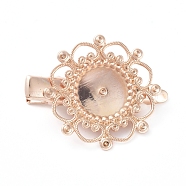 Hair Accessories Iron Alligator Hair Clip Findings, with Brass Filigree Flower Cabochon Bezel Settings, Long-Lasting Plated, Light Gold, Tray: 12mm, 34.5mm, Flower: 28mm(IFIN-L035-01KCG)
