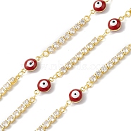 Brass Enamel Evil Eye Link Chains with Cubic Zirconia, Unwelded, with Spool, Golden, Red, Evil Eye: 12.5x6.5x5mm, Cubic Zirconia Link: 30x3x2.5mm(CHS-P016-36G-02)