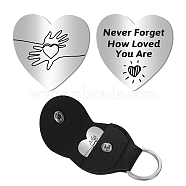 1Pc Heart Shape 201 Stainless Steel Commemorative Decision Maker Coin, Pocket Hug Coin, with 1Pc PU Leather Storage Pouch, Hand Heart, Heart: 26x26x2mm, Clip: 105x47x1.3mm(AJEW-CN0001-68E)
