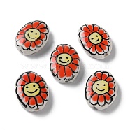 Handmade Porcelain Beads, Famille Rose Porcelain, Oval with Flower, Red, 19x14~16x5~6mm, Hole: 1.2mm(PORC-G011-04F)