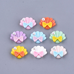 Resin Cabochons, with ABS Plastic Imitation Pearl, Shell with Bowknot, Mixed Color, 24x29x10mm(CRES-S304-105)