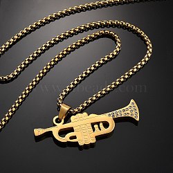 304 Stainless Steel Pendant Necklaces, with Rhinestone, Trumpet Musical Instruments, Golden, 23.54 inch(59.8cm)(NJEW-H058-01G)