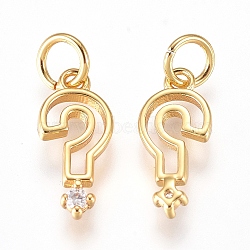 Brass Punctuation Charms, with Micro Pave Cubic Zirconia and Jump Rings, Question Mark, Clear, Golden, 11x5x1.5mm, Hole: 2.6mm(X-ZIRC-L070-84G)