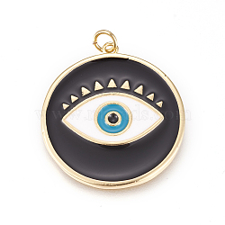 Brass Enamel Pendants, Long-Lasting Plated, Lead Free & Cadmium Free & Nickel Free, Flat Round with Evil Eye, Real 18K Gold Plated, Black, 31x28.5x2mm, Hole: 3.5mm(X-ZIRC-L078-069B-NR)