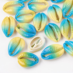 Spray Paint Cowrie Shell Beads, Two Tone, No Hole/Undrilled, Yellow, 20~30x13~21x5~10mm(SHEL-S274-01C)