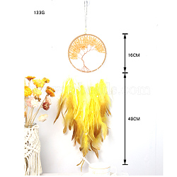 Woven Web/Net with Feather Hanging Ornaments, Flat Round with Tree of Life Wrapped Natural Citrine Chips Beads for Room Interior Home Decoration, Yellow, 560mm(PW23102031039)