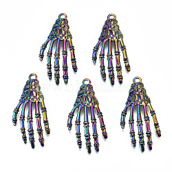 Rainbow Color Alloy Pendants, Cadmium Free & Lead Free, Skeleton Hand, Multi-Color, 42x20x7.5mm, Hole: 2.5mm(X-PALLOY-S180-002-RS)