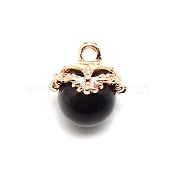 Cat Eye Glass Charms, with Brass Finding, Round, Black, 14~15x12~13mm, Hole: 2mm(CE-TAC0001-01KCG-02)