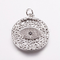 Brass Micro Pave Cubic Zirconia Pendants, Flat Round with Eye, Platinum, 24x21x2mm, Hole: 2.5mm(ZIRC-E143-67P)