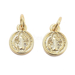 Brass Pendants, with Jump Ring, Long-Lasting Plated, Cadmium Free & Lead Free, Flat Round Charms, Real 18K Gold Plated, 10.5x8x2mm, Hole: 3mm(KK-Q006-29G)