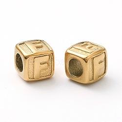 Ion Plating(IP) 304 Stainless Steel European Beads, Large Hole Beads, Horizontal Hole, Cube with Letter, Golden, Letter.F, 8x8x8mm, Hole: 4mm(STAS-H145-01F-G)