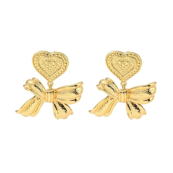Rack Plating Brass Dangle Stud Earrings, Heart with Bowknot, Long-Lasting Plated, Cadmium Free & Lead Free, Real 18K Gold Plated, 39x32mm
