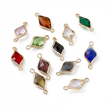 Transparent K9 Glass Connector Charms, with Light Gold Plated Brass Findings, Faceted, Rhombus Links, Mixed Color, 22x10x4.5mm, Hole: 2mm