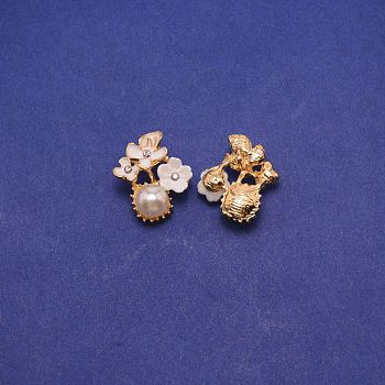 Alloy Rhinestone Charms, with Plastic Imitation Pearl and Enamel, Peach Blossom, Light Gold, White, 21x18x10mm, Hole: 2mm