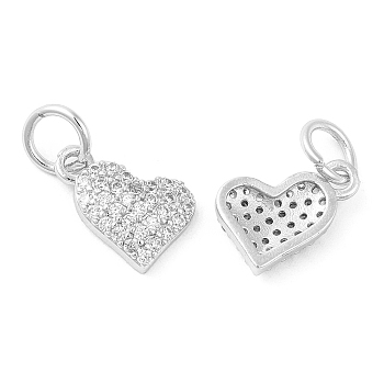 Rack Plating Brass Micro Pave Clear Cubic Zirconia Charms, with Jump Ring, Long-Lasting Plated, Lead Free & Cadmium Free, Heart Charm, Platinum, 8x11.5x2.5mm, Hole: 4mm