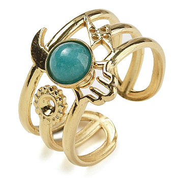 Natural Amazonite Finger Rings, Hamsa Hand 304 Stainless Steel Multi-layer Open Cuff Rings, Real 18K Gold Plated, 15mm, Adjustable