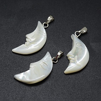 Shell Pendants, with Brass Findings, Moon, Platinum, 22~28x10~13x3~5mm, Hole: 2x5mm