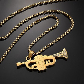 304 Stainless Steel Pendant Necklaces, with Rhinestone, Trumpet Musical Instruments, Golden, 23.54 inch(59.8cm)