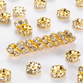 Brass Rhinestone Spacer Beads, Grade A, Crystal, Wavy Edge, Rondelle, Golden Metal Color, 5x2.5mm, Hole: 1mm