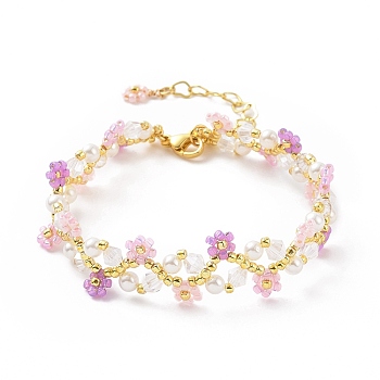 Shell Pearl & Glass Beaded Bracelets, Braided Lilac & Pink Flower Bracelets for Women, with Brass Chain Extender & Lobster Claw Clasp, Golden, 6-7/8x1/2~5/8 inch(17.6x1.2~1.5cm)