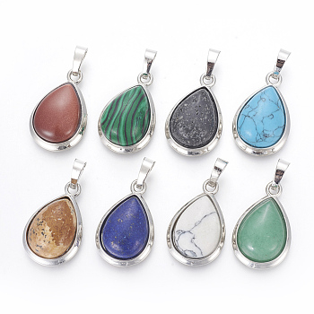 Natural & Synthetic Mixed Stone Pendants, with Brass Findings, teardrop, Platinum, 26x16~17x8~10mm, Hole: 8x5mm