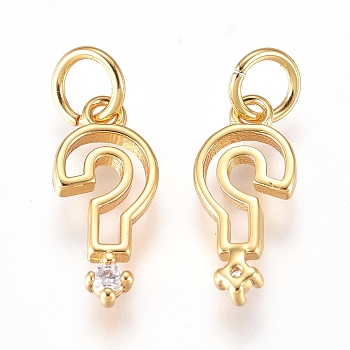 Brass Punctuation Charms, with Micro Pave Cubic Zirconia and Jump Rings, Question Mark, Clear, Golden, 11x5x1.5mm, Hole: 2.6mm