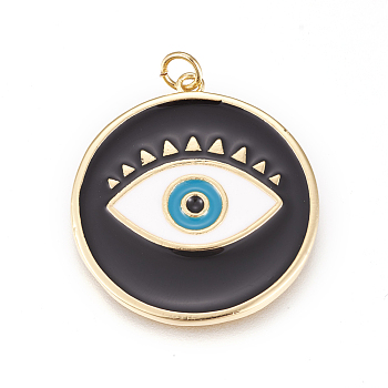 Brass Enamel Pendants, Long-Lasting Plated, Lead Free & Cadmium Free & Nickel Free, Flat Round with Evil Eye, Real 18K Gold Plated, Black, 31x28.5x2mm, Hole: 3.5mm