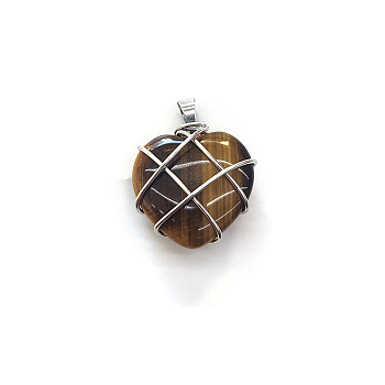 Natural Tiger Eye Copper Wire Wrapped Pendants, Heart Charms, Silver Color, 20mm