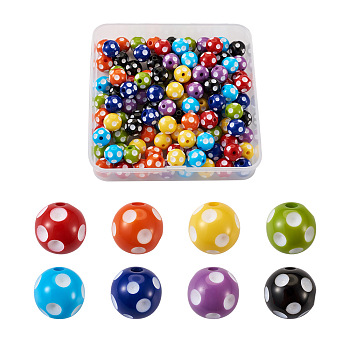 Cheriswelry 120Pcs 8 Colors Opaque Resin Beads, Round with Polka Dot Pattern, Mixed Color, 14mm, Hole: 1.5mm