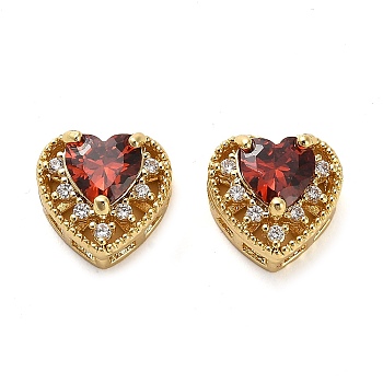 Brass Micro Pave Cubic Zirconia Beads, Real 18K Gold Plated, Heart, Indian Red, 10x10.5x7mm, Hole: 2mm